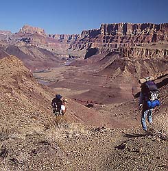 backpackers decending the Tanner Trail.  Grand Canyon National Park  (c) Rob Kleine, All Rights Reserved.  www.gentleye.com